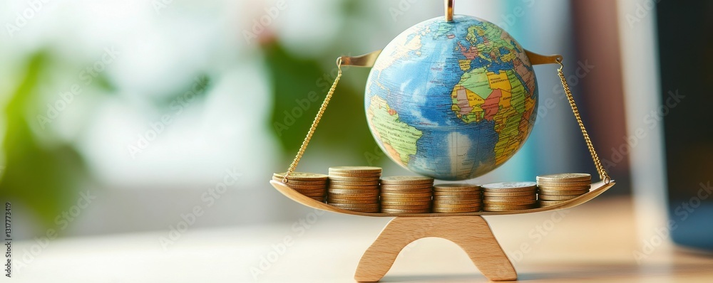 Poster a globe and a stack of coins are balanced on a scale, representing the delicate balance of the globa