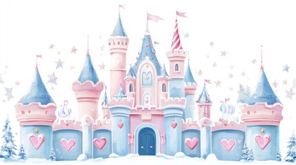 Naklejka premium Winter fairytale castle, snowy scene, whimsical design, children's decor