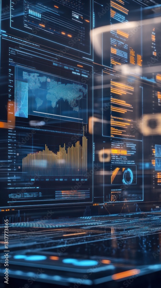 Poster futuristic data dashboard displaying analytics and graphs