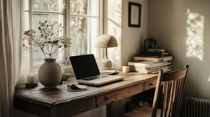 A wooden desk with a laptop, lamp, and books sits in front of a window.