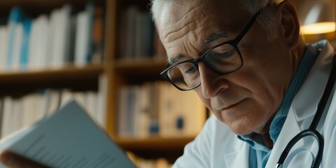 Elderly doctor immersed in medical research and deep thought in a softly lit study