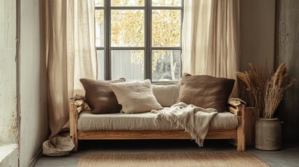 A cozy living room with a wooden sofa, beige throw blanket, and natural light from a large window.