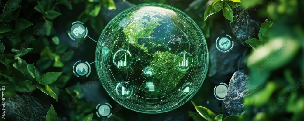 Poster a green glass globe representing the earth surrounded by green leaves and rocks, with a network of w