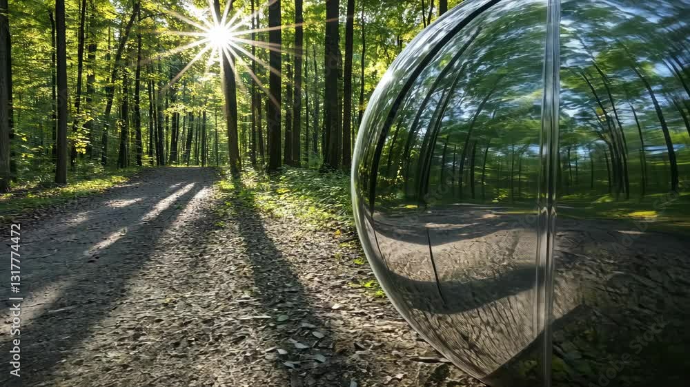 Poster Reflection of sunlight through trees in a serene forest path with a shiny spherical object