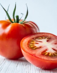 Juicy Whole and Halved Tomatoes Isolated on a White Background