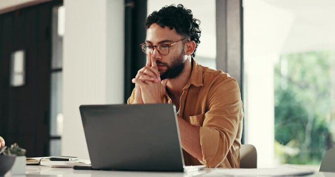 Laptop, idea and man in home for remote work, problem solving or copywriter brainstorming online. Computer, thinking and serious freelancer planning, typing and inspiration for article with insight