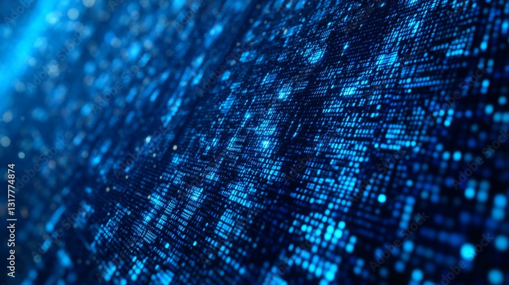 Poster abstract digital data stream visualization: blue binary code flowing in cyberspace