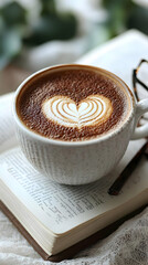 Coffee, heart art, book, relaxing