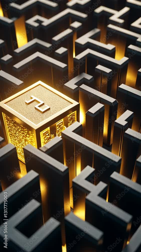 Aufkleber intricate maze with glowing golden block centerpiece surrounded by dark and light structures at twil