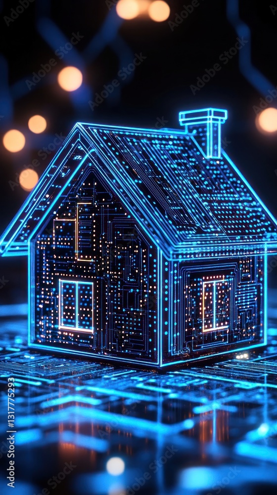 Poster a futuristic glowing house model made of circuit patterns, set against a backdrop of soft bokeh ligh