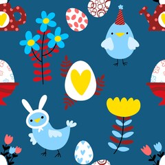 Obraz premium Easter chicken and eggs seamless birds pattern for wrapping paper and fabrics
