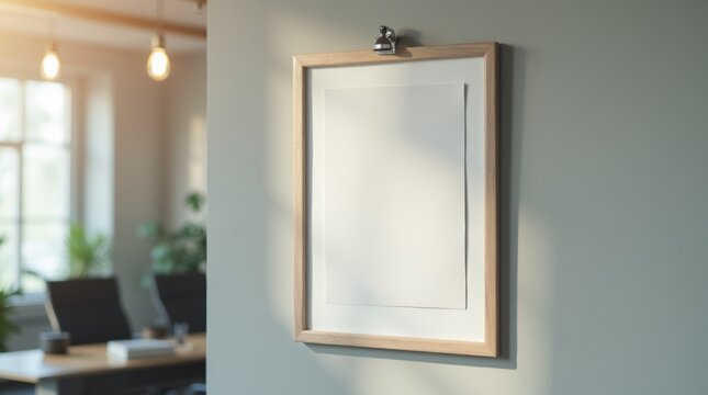 A framed college diploma hanging on a clean wall in an indoor office or study room, presented with formal academic styling, under soft overhead lighting.