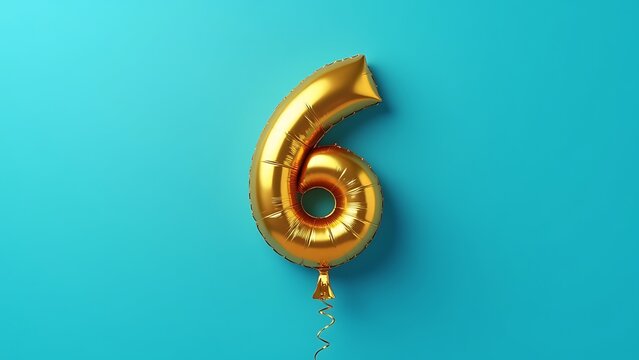 gold foil balloon number six on blue backdrop