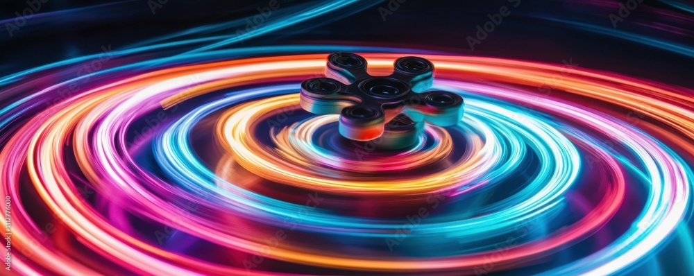 Poster a lively and dynamic fidget spinner is surrounded by swirling neon light trails, capturing its motio