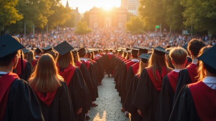 A vibrant outdoor university graduation ceremony with students in academic gowns and caps, cheering crowd, stage in the background, and warm sunlight.