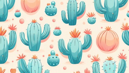 Cactus Paradise: A vibrant illustration featuring various cacti in a whimsical desert landscape, showcasing their unique shapes and colors against a soft beige backdrop.