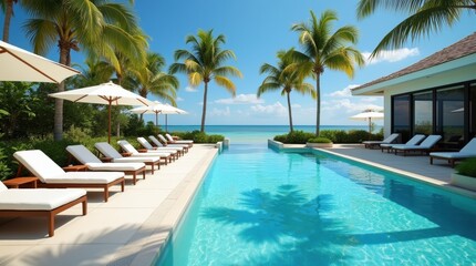 Obraz premium A luxurious poolside scene with lounge chairs, clear water, and palms under sun, pure relaxation.