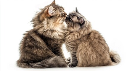 Fototapeta premium Adorable Fluffy Pomeranian and Scottish Fold Cat Sharing a Heartwarming Moment, Their Fur Gently Touching in Soft Light on a White Background - Perfect for Pet Lovers and Animal Enthusiasts