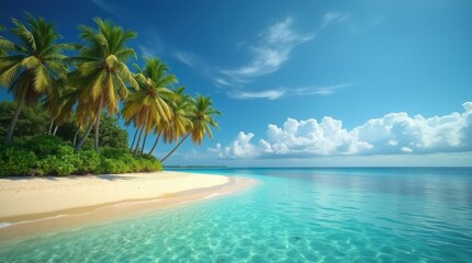 Obraz premium A tranquil tropical island with palms, a turquoise lagoon, and golden sand, a perfect escape haven.