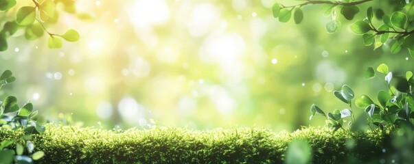 Naklejka premium Green moss in a bright forest clearing. Seasonal natur background with bokeh and short depth of field. Close-up with space for text.