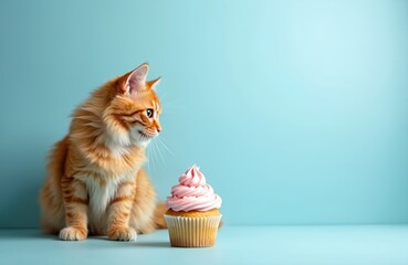 Cute fluffy ginger Maine Coon cat sitting looking at pink cupcake on soft blue background. Domestic adorable kitten pet in cozy studio setting. Whimsical animal theme for pet shop design.