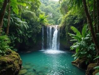 A stunning waterfall flows into a clear pool amidst lush jungle greenery, a tropical haven.