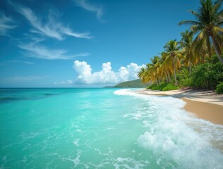 Fototapeta premium Turquoise waves flow toward a tropical beach with palms under sun, a vibrant paradise view.