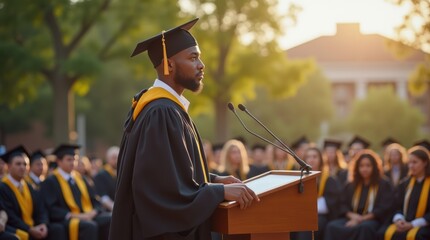 Afro-American man delivering a powerful speech at an outdoor graduation ceremony, surrounded by nature and buildings, wearing an academic gown.