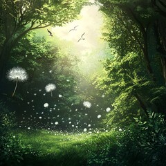 Fototapeta premium Discover the Serenity of a Lush Green Forest Bathed in Soft Morning Light, Complete with Floating Dandelion Seeds and Soaring Birds – A Hyper-Detailed Nature Scenery for Relaxation