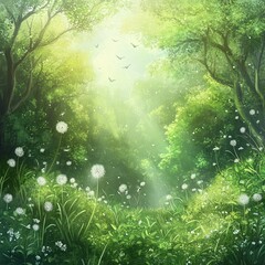 Obraz premium Discover the Serene Beauty of a Lush Green Forest Illuminated by Soft Morning Light, with Dandelion Seeds Floating Gracefully and Birds Soaring Above in a Tranquil Natural Wonderland