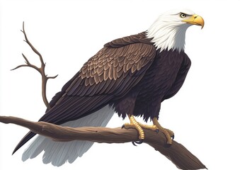 Obraz premium Majestic Bald Eagle Perched on a Tree Branch with Sharp Gaze and Detailed Feathers, Isolated on White Background for Stunning Visuals and Nature Photography - Perfect for Wildlife Enthusiasts!