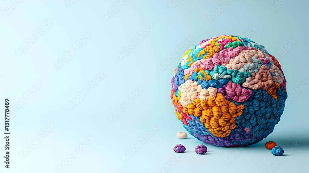Poster a 3d rendering of a colorful textured sphere with small colorful shapes on a light blue background