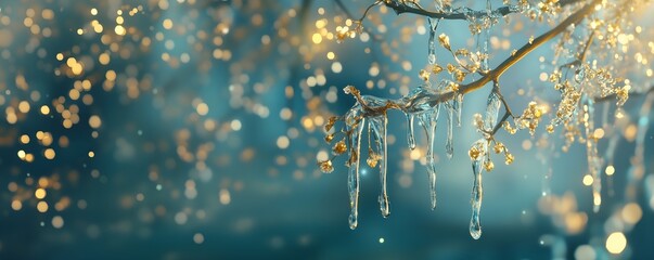 A spring branch with small icicles against a blue sky with golden bokeh. The concept of early spring, awakening nature, joy