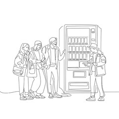 Diverse Group of Friends Waiting in Line for Vending Machine Snacks and Drinks