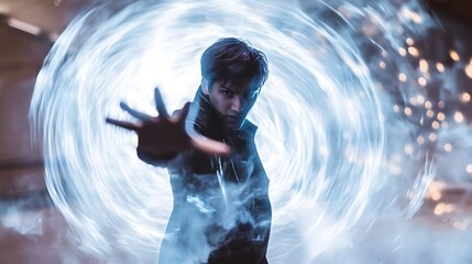 Energy Surge: A young man extends his hand toward a mesmerizing swirl of energy, possibly a portal or force field, emanating vibrant blue hues.