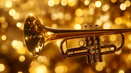 A close-up of a golden trumpet against a shimmering backdrop, capturing the essence of music and celebration. Shimmering Echoes. Illustration