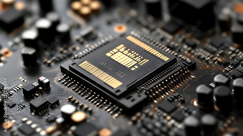 Poster detailed image of a computer circuit board and a processor chip