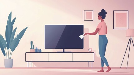 Cleaning a Modern Living Room: A Person Wiping a Flat-Screen TV in a Stylish Interior with Plan