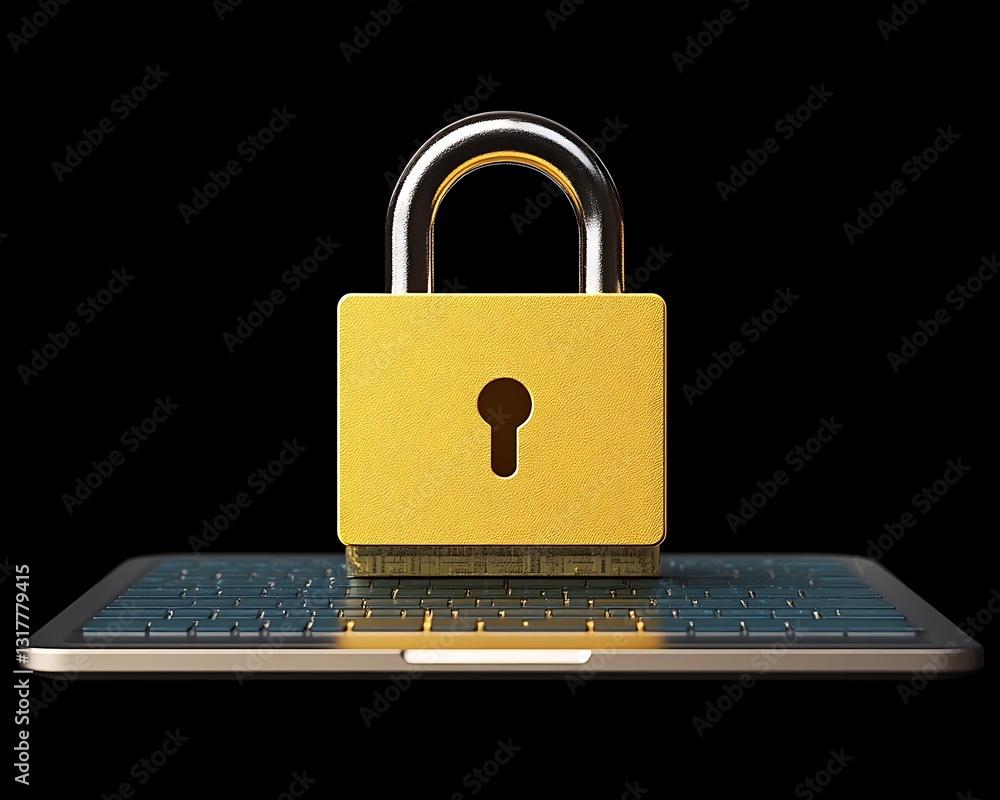 Poster golden padlock securing a laptop computer keyboard on black backdrop
