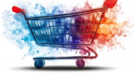 Iridescent Shopping Cart with Colorful Smoke Background