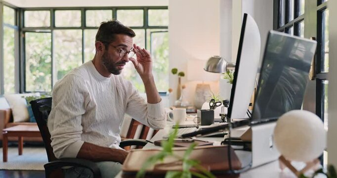 Stress, tired or man with eye strain by computer in home office, migraine or burnout for remote work. Headache, exhausted or overworked freelancer with pain, sick or vision fatigue with wrong glasses