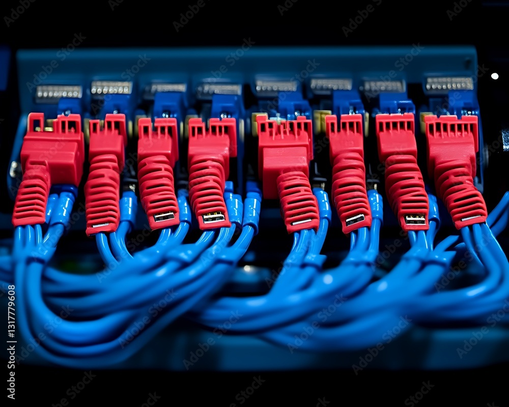 Aufkleber red connectors plugging into a blue network switch system