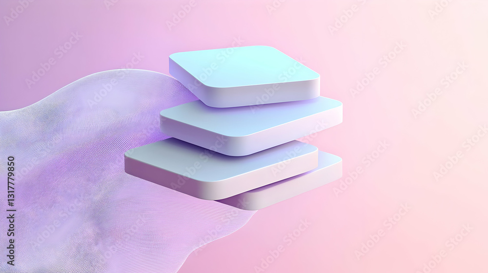 Aufkleber three smooth white square platforms hovering over a flowing abstract purple textured wave on a paste