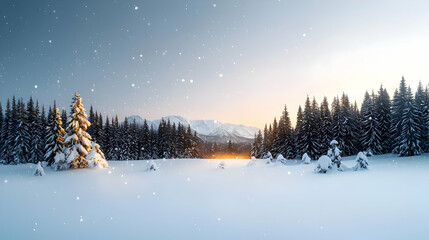 Fototapeta premium Panoramic Snowy Winter Wonderland with Pine Forest During Golden Hour Sunset and Gently Falling Snow