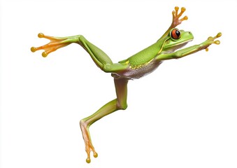 Obraz premium Stunning Close-Up of a Vibrant Green Tree Frog in Mid-Air Leap, Showcasing Detailed Skin Texture and Toe Pads, Isolated on White for Perfect Studio Lighting