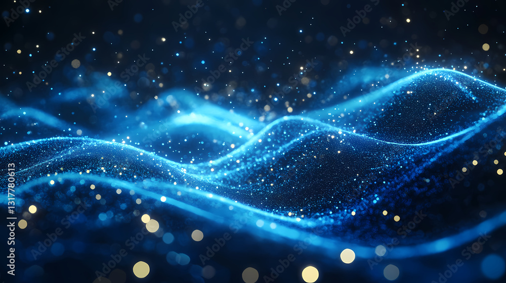 Wall mural a vibrant display of blue waves and glowing particles in deep space - captivating illumination of ab