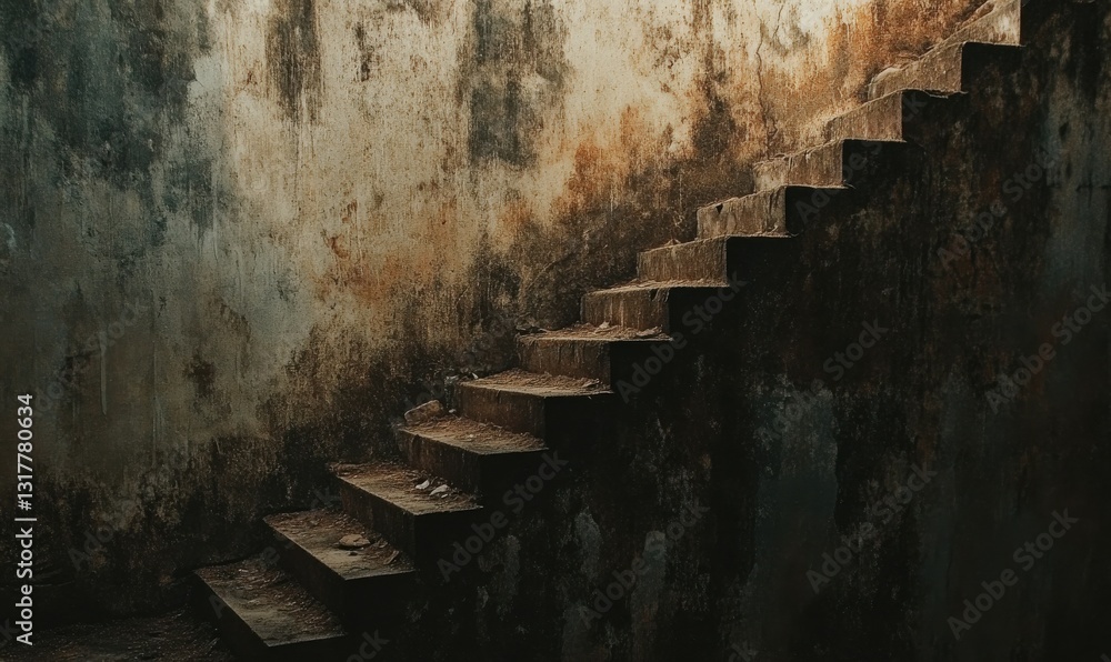 Poster abandoned staircase in a deteriorating building with stained walls