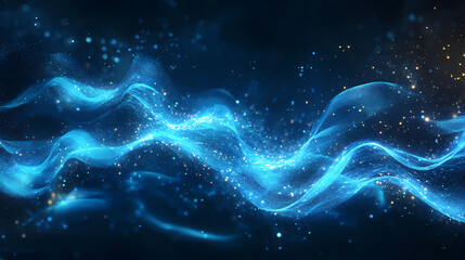 A vibrant display of blue waves and glowing particles in deep space - captivating illumination of abstract light patterns emitting from the dark background. Shimmering Echoes. Illustration