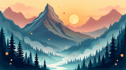 Majestic fantasy landscape featuring towering mountains, a cascading waterfall, and a glowing full moon. A dreamy, serene scene blending nature’s beauty with mysticism and magical realism.