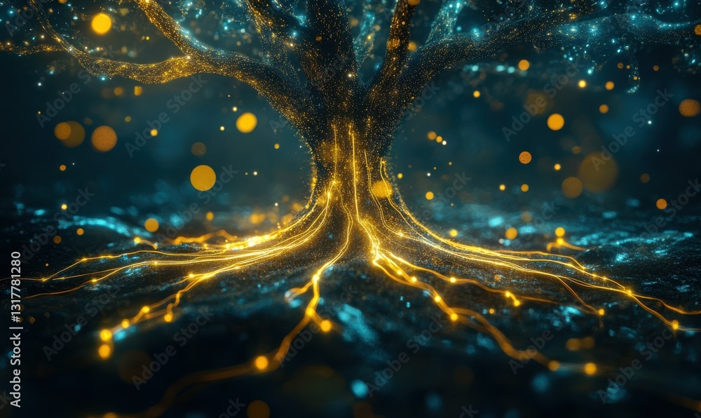 Poster illuminated technological growth - digital tree with glowing branches and nodes